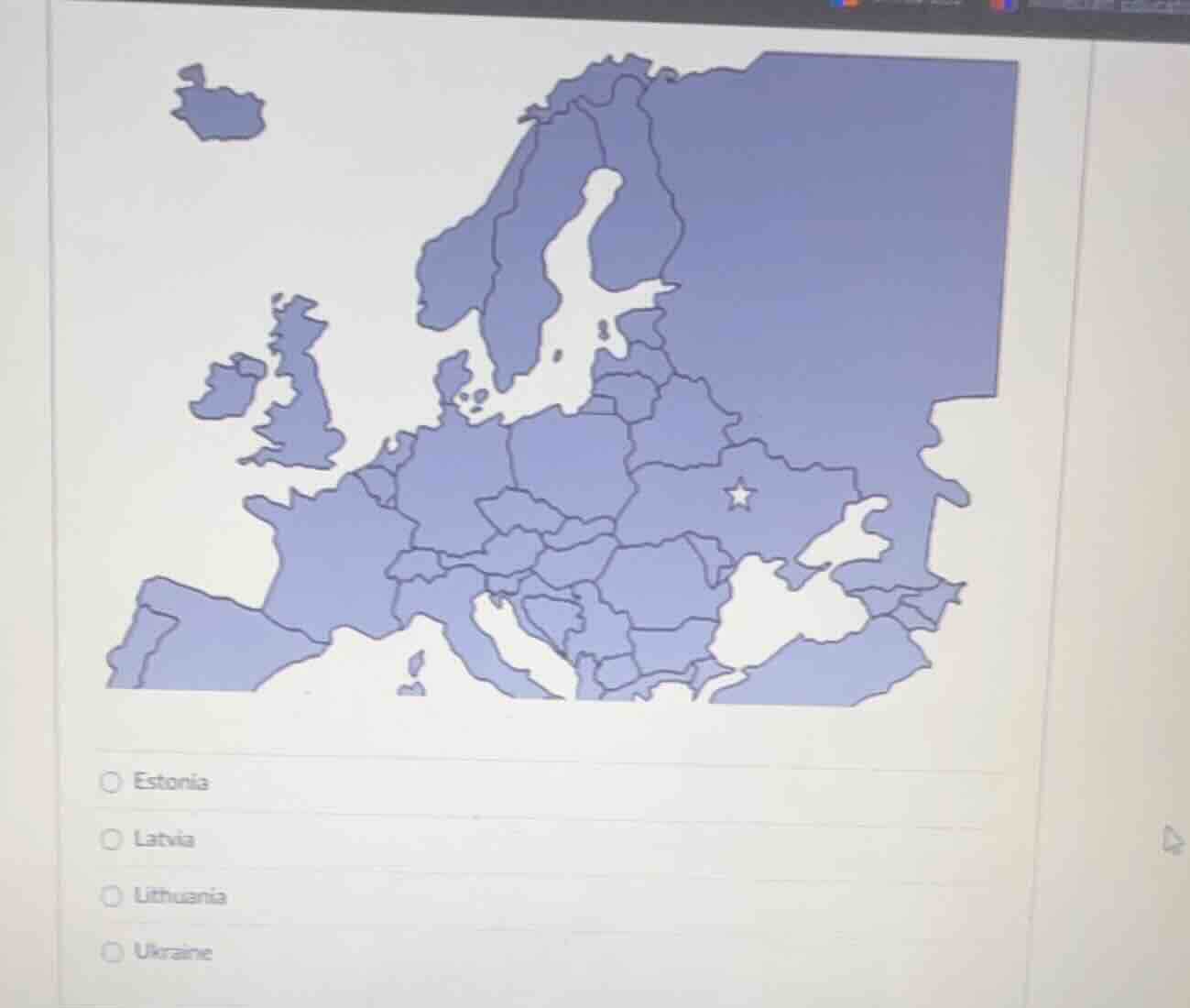 options: estonia, latvia, lithuania, ukraine (with a map of europe show…