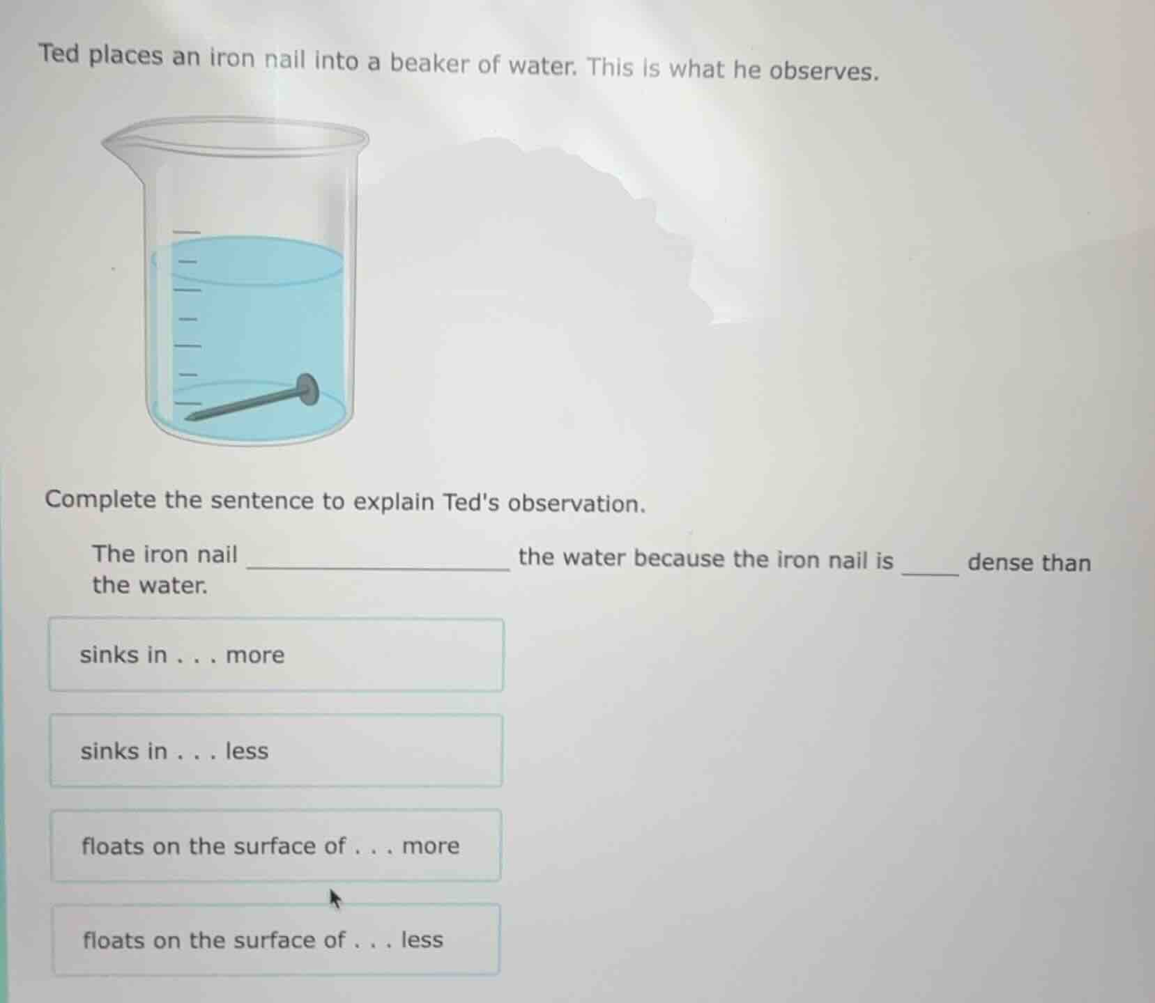ted places an iron nail into a beaker of water. this is what he observe…