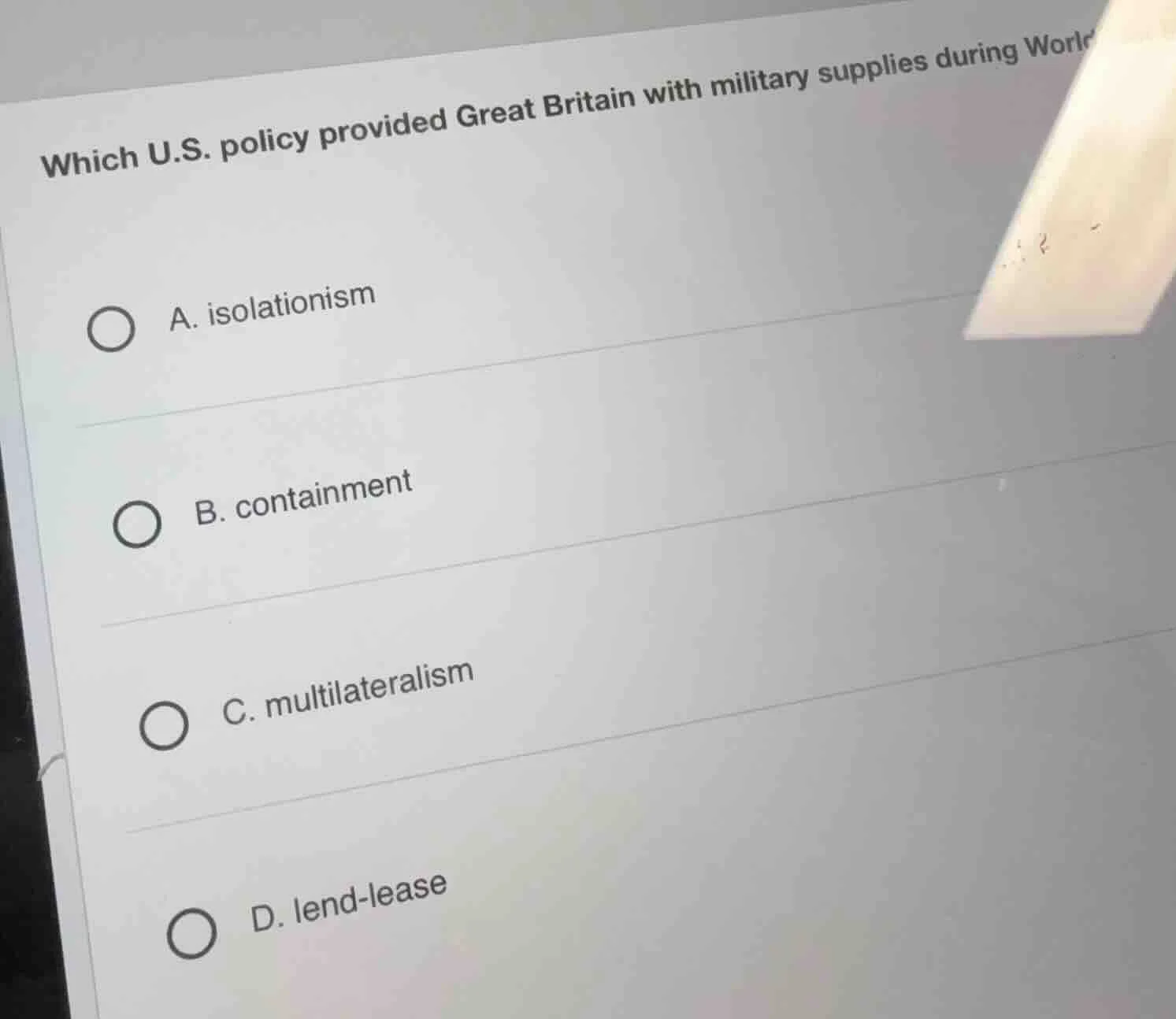 which u.s. policy provided great britain with military supplies during …