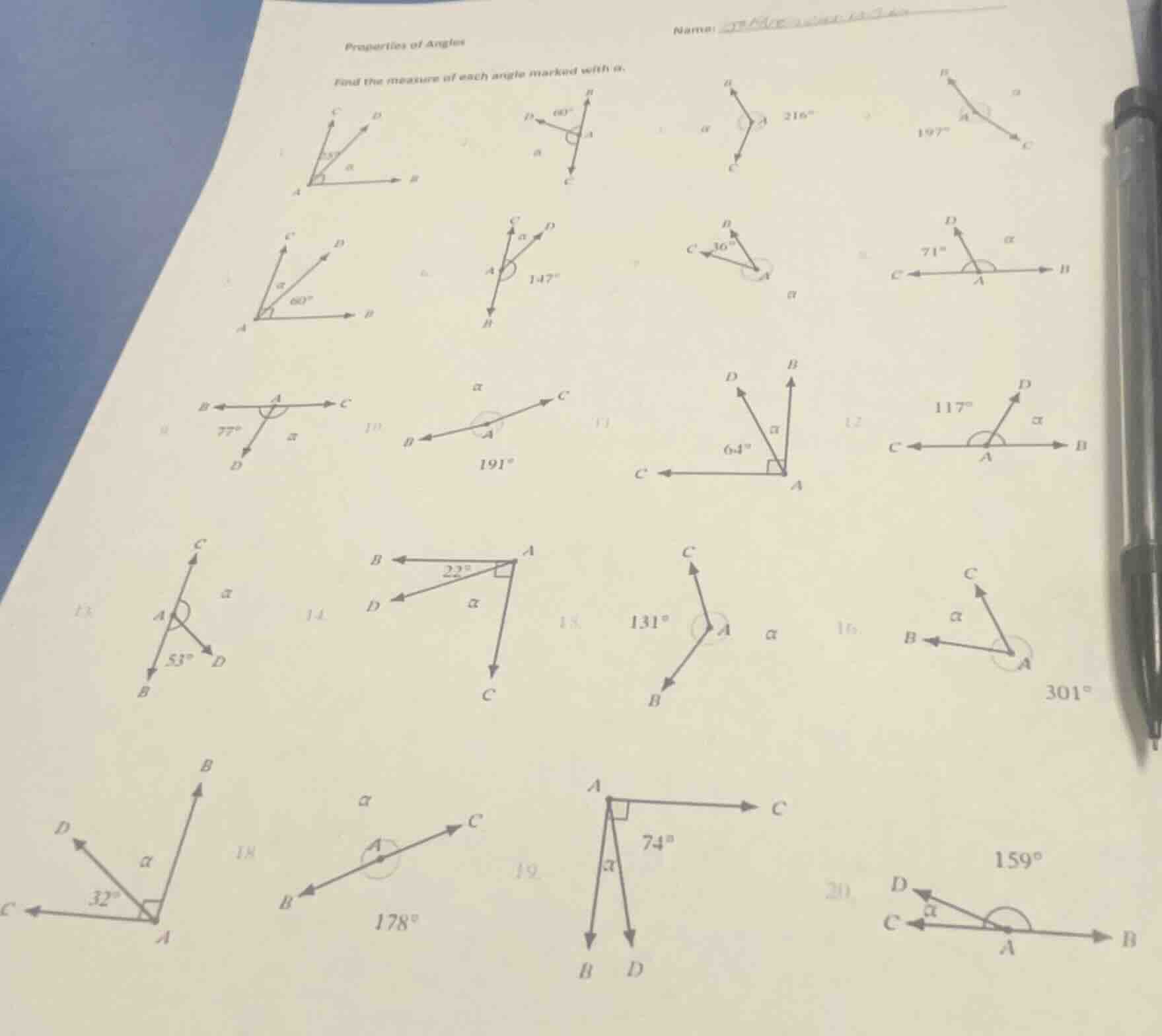 properties of angles find the measure of each angle marked with α. (the…