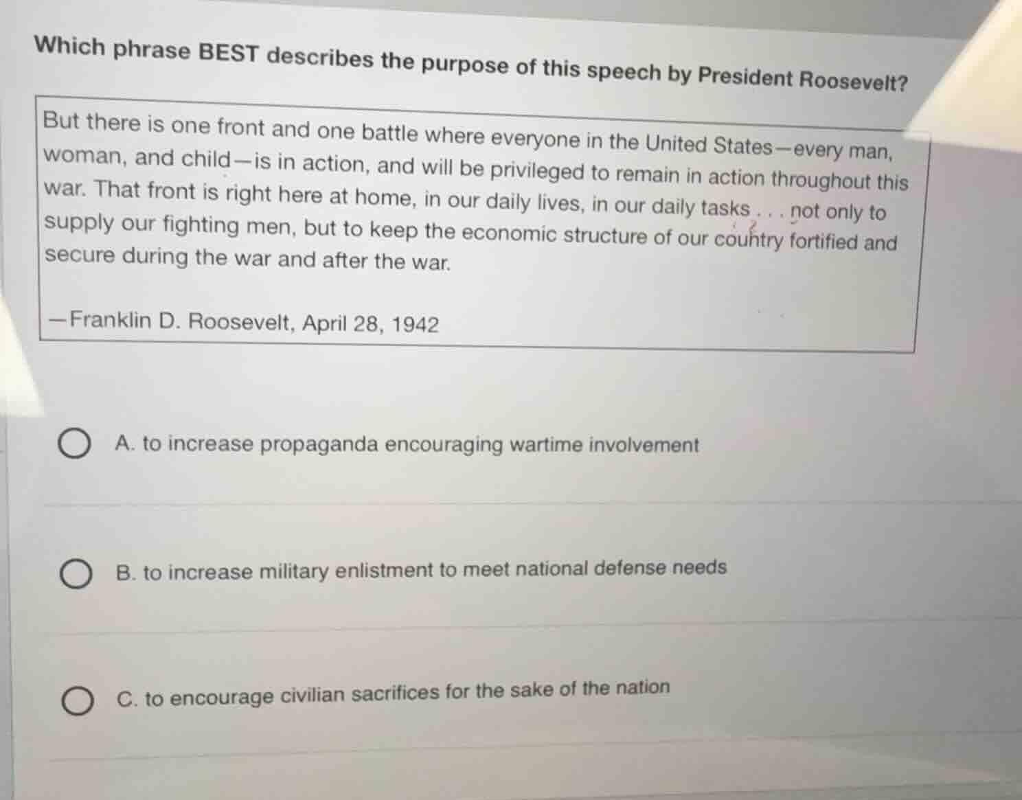 which phrase best describes the purpose of this speech by president roo…
