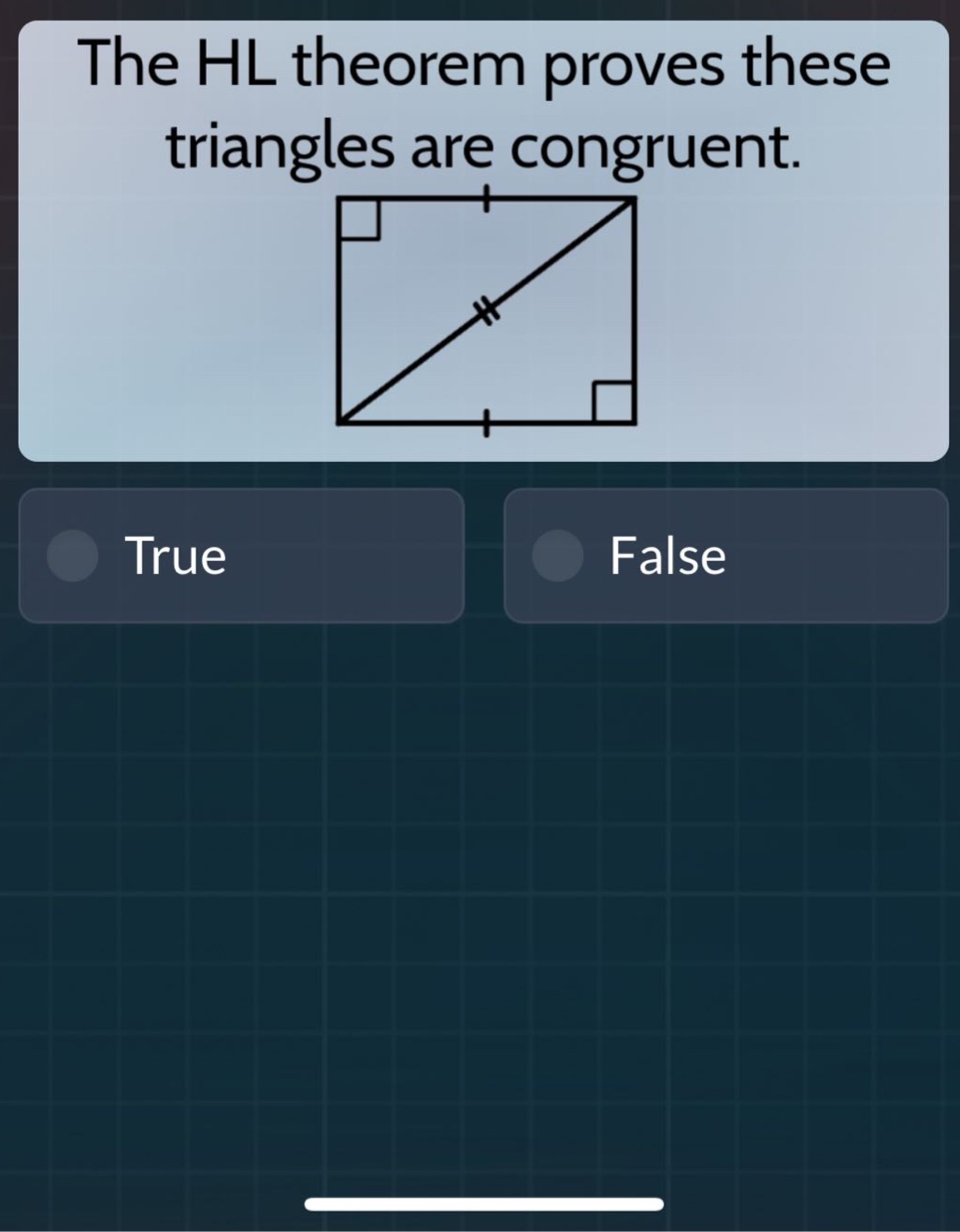 the hl theorem proves these triangles are congruent. true false