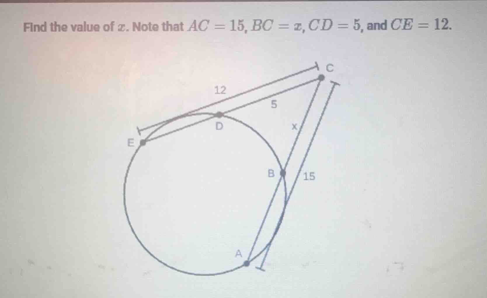 find the value of ( x ). note that ( ac = 15 ), ( bc = x ), ( cd = 5 ),…