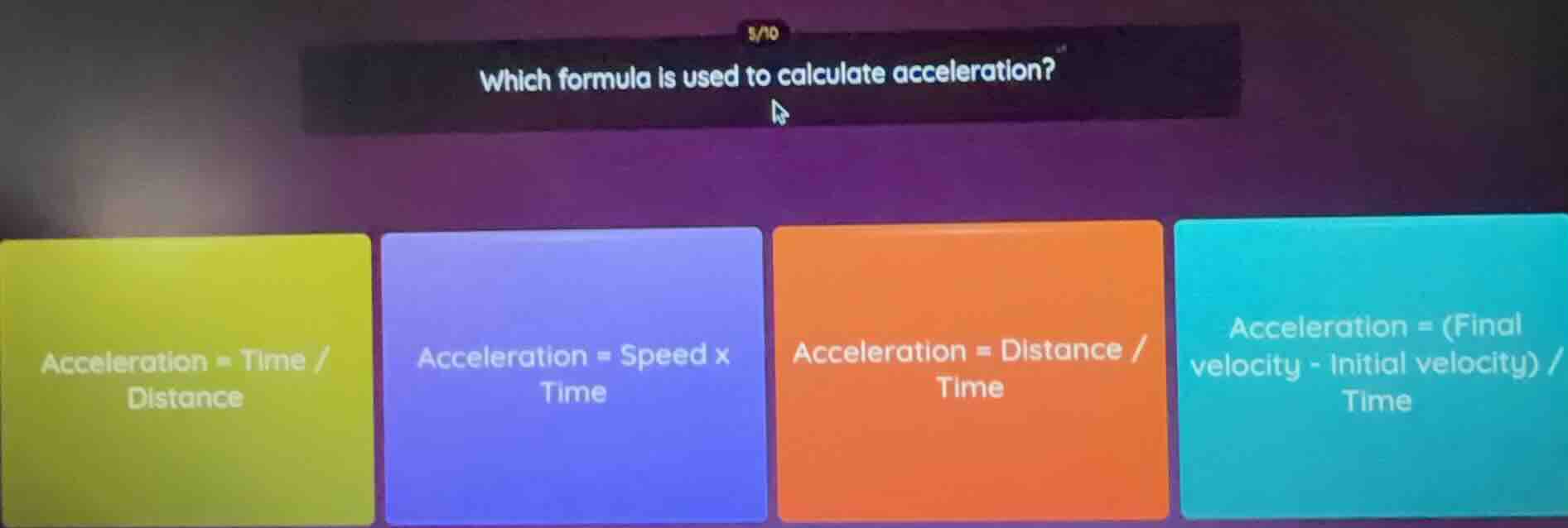 which formula is used to calculate acceleration? acceleration = time / …