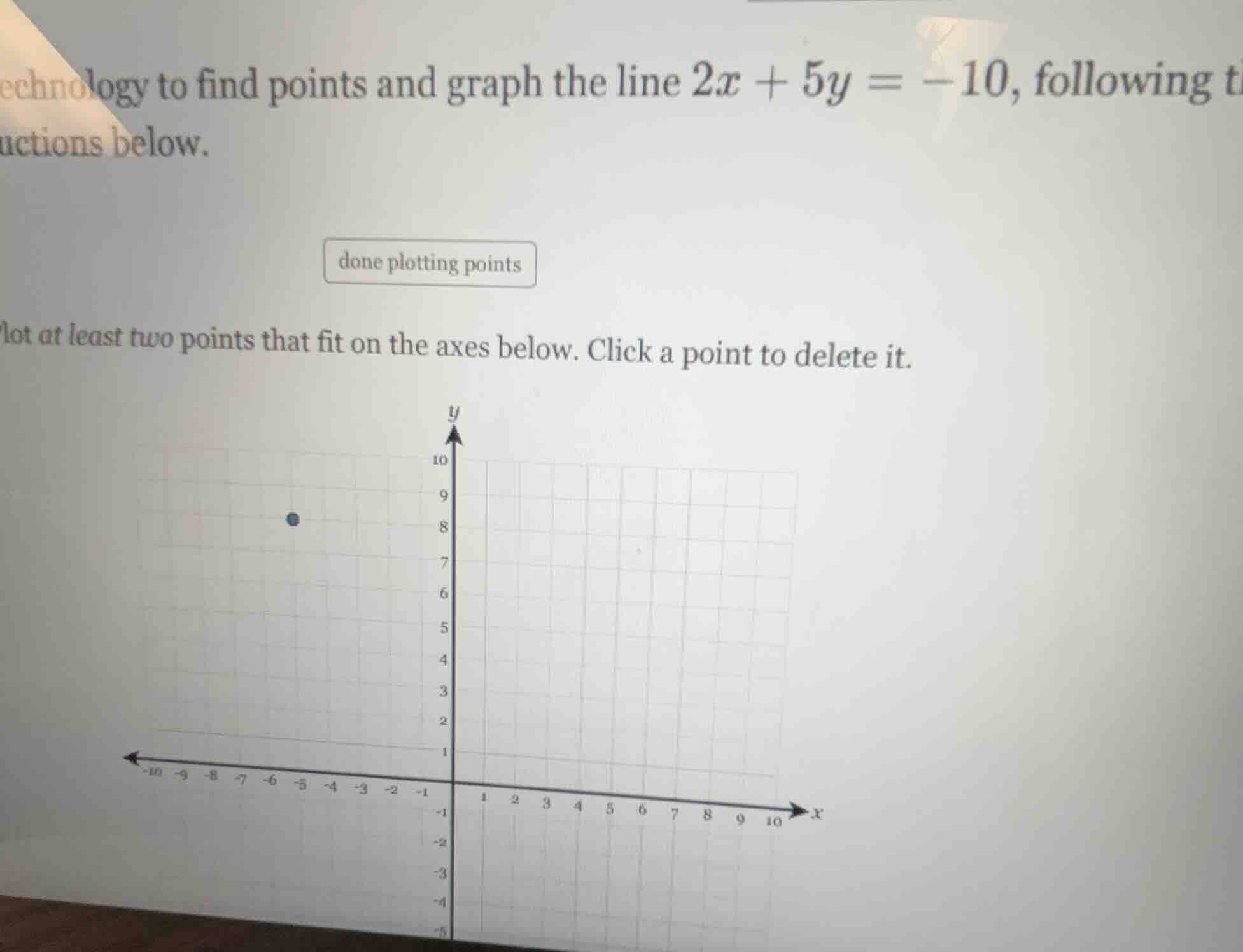 echnology to find points and graph the line $2x + 5y = -10$, following …
