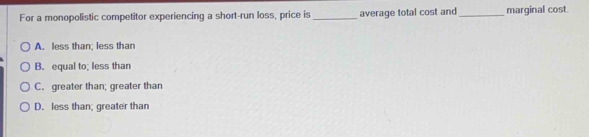 for a monopolistic competitor experiencing a short - run loss, price is…