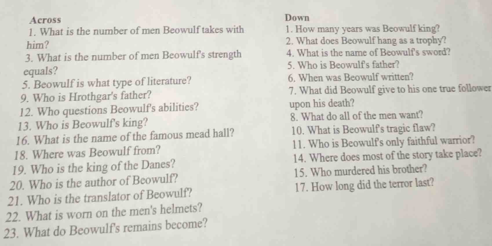 across 1. what is the number of men beowulf takes with him? 3. what is …