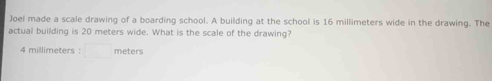 joel made a scale drawing of a boarding school. a building at the schoo…