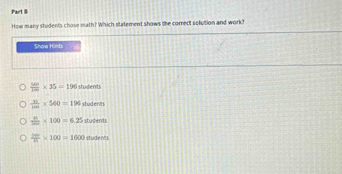 part b how many students chose math? which statement shows the correct …