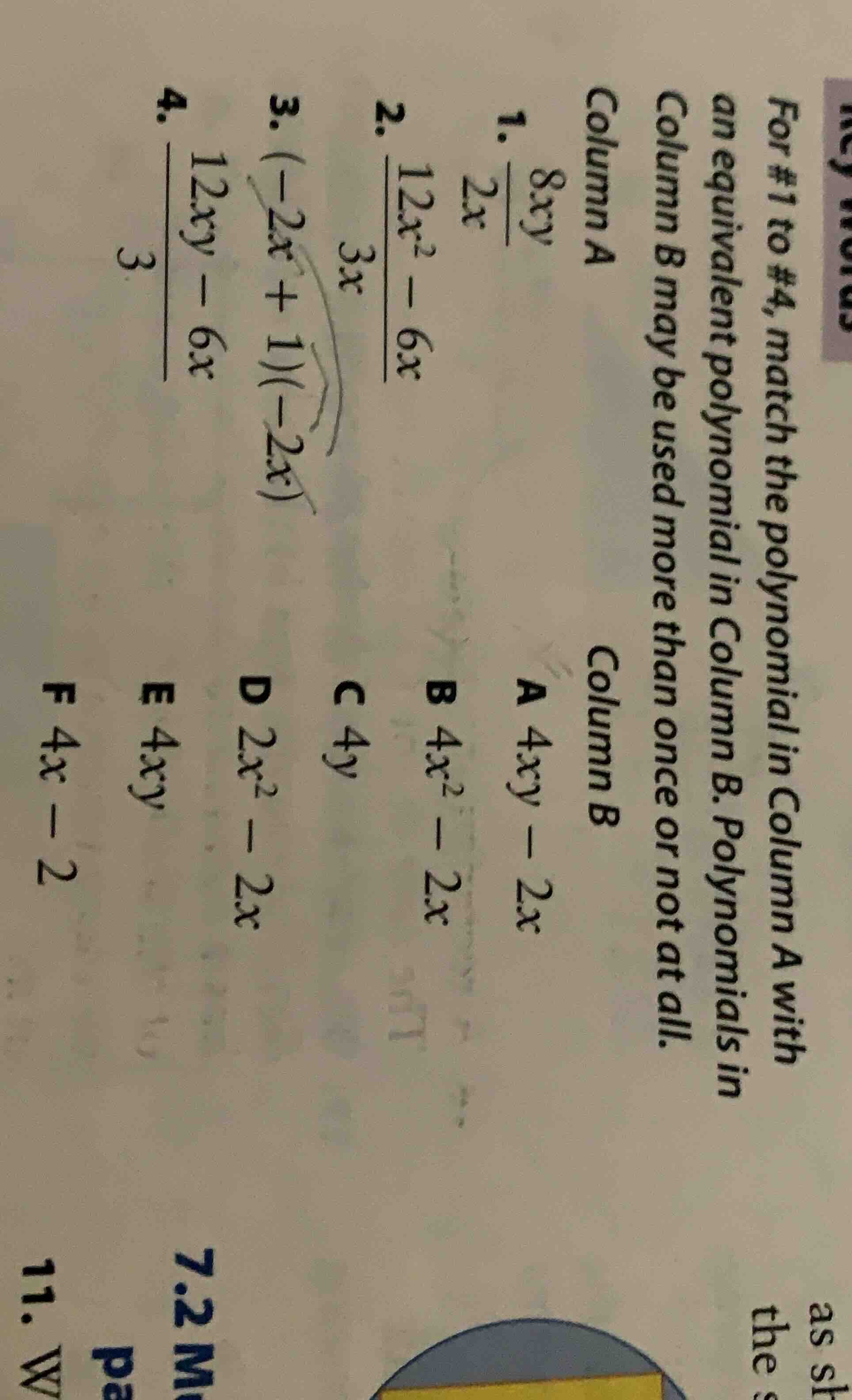 for #1 to #4, match the polynomial in column a with an equivalent polyn…