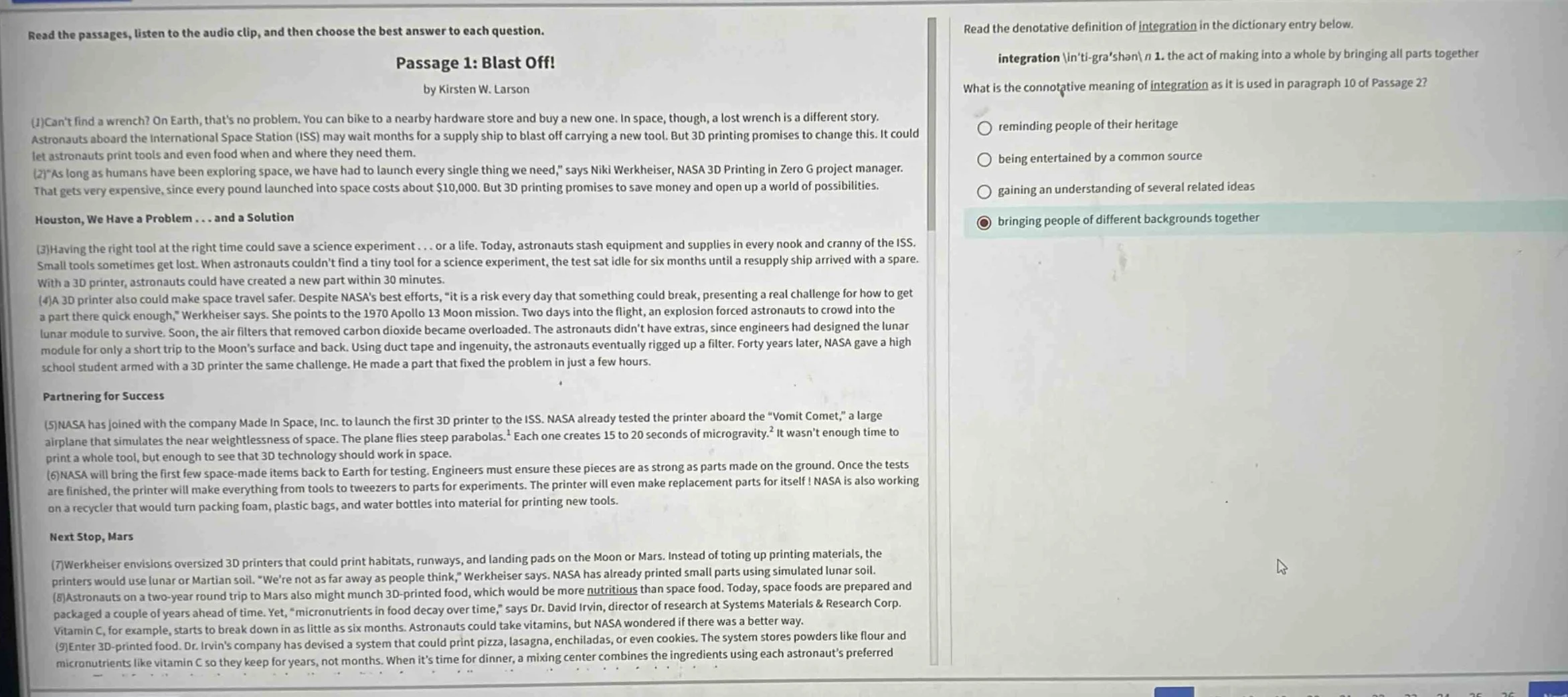 read the passages, listen to the audio clip, and then choose the best a…