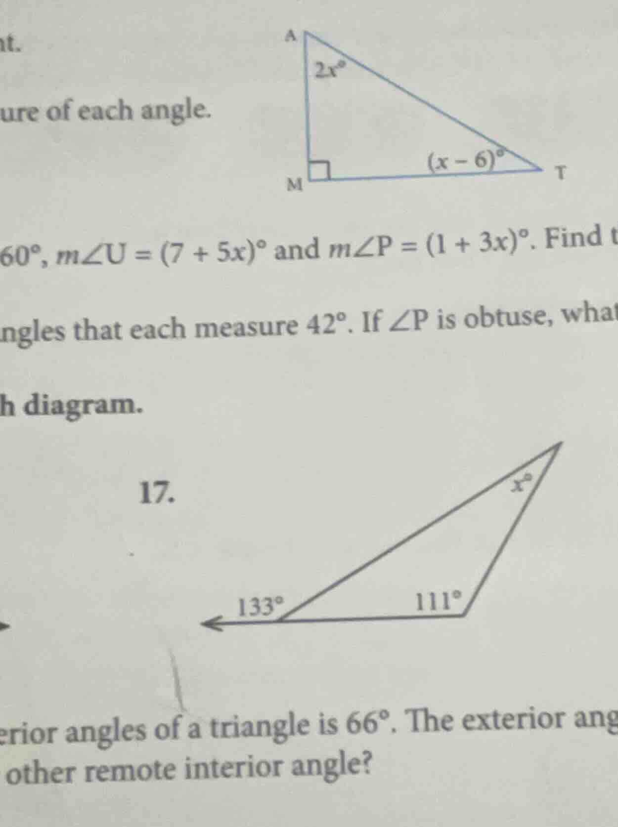 ure of each angle. 60°, ( mangle u = (7 + 5x)^circ ) and ( mangle p = (…