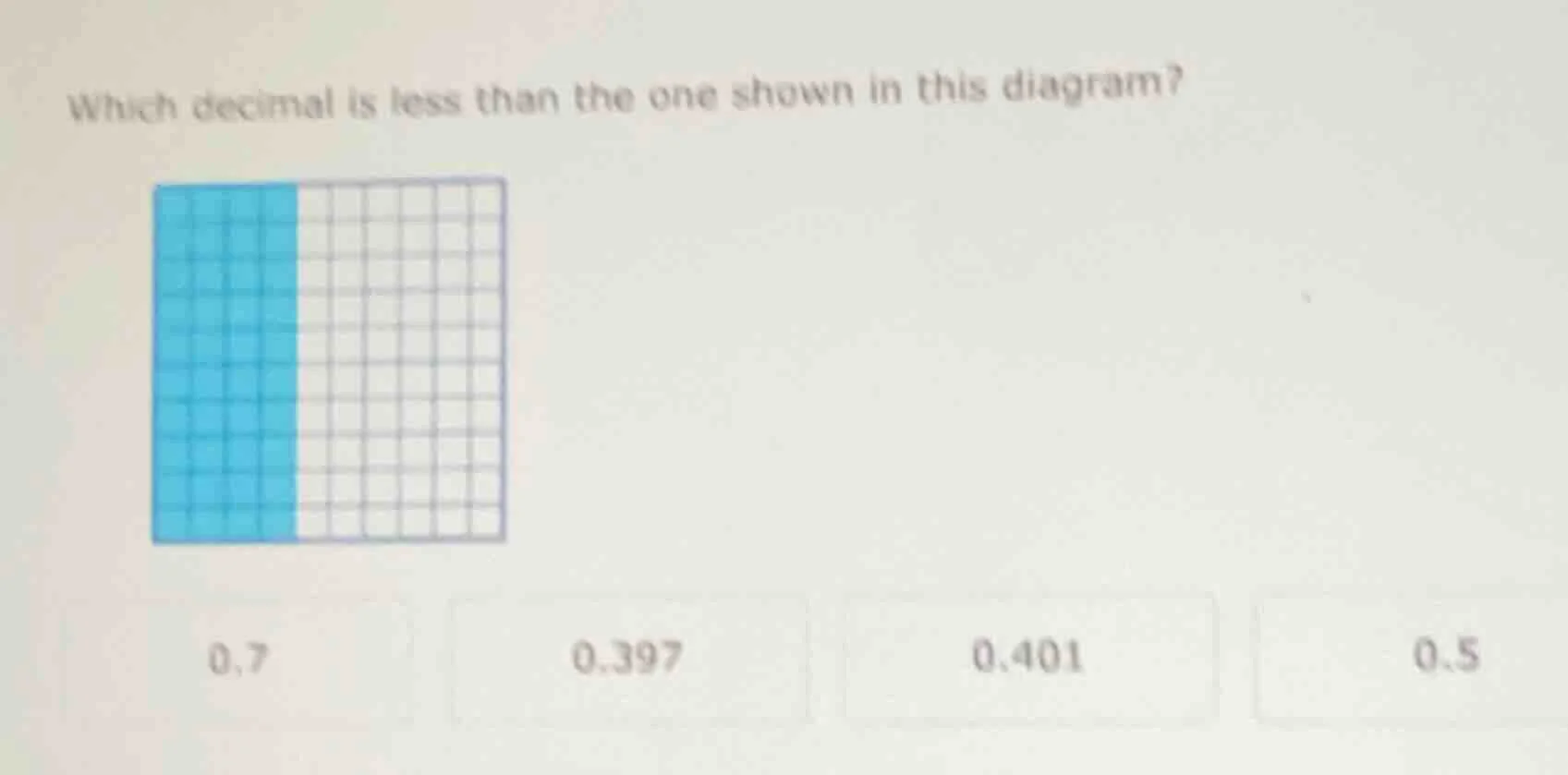 which decimal is less than the one shown in this diagram? 0.7 0.397 0.4…