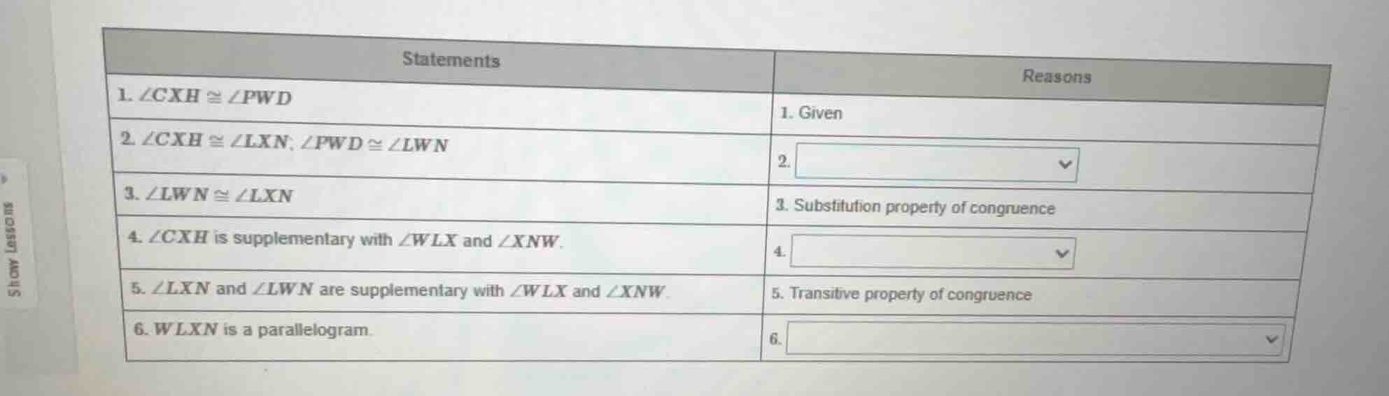 statements reasons 1. $\\angle cxh \\cong \\angle pwd$ 1. given 2. $\\a…