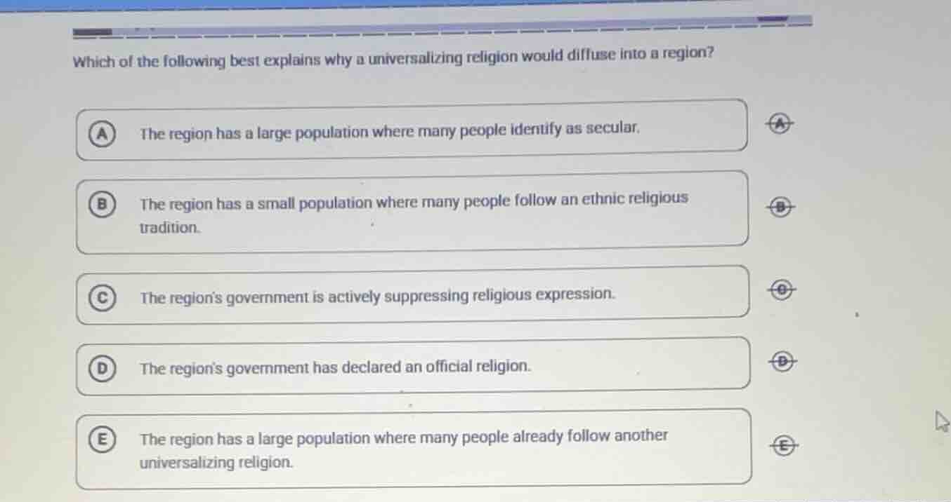 which of the following best explains why a universalizing religion woul…