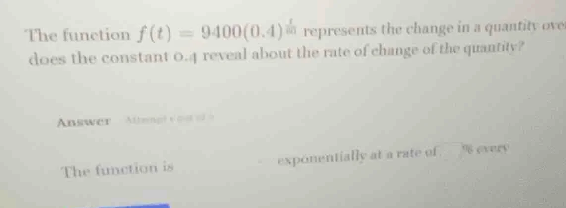 the function $f(t) = 9400(0.4)^{\frac{t}{30}}$ represents the change in…