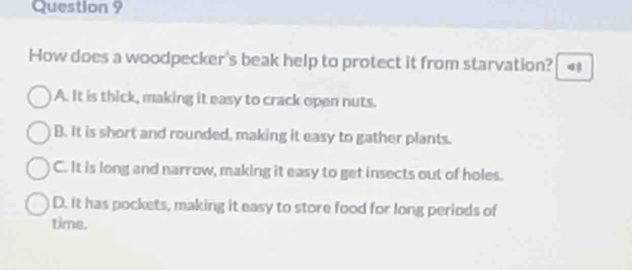 question 9 how does a woodpecker’s beak help to protect it from starvat…