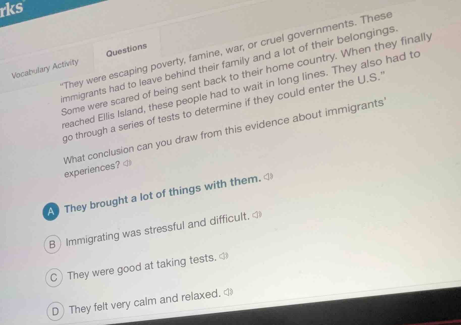 vocabulary activity questions \they were escaping poverty, famine, war,…