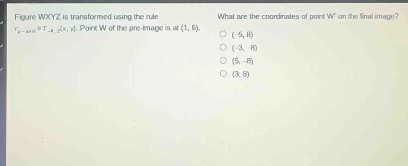 figure wxyz is transformed using the rule $r_{y-axis} \\circ t_{-4, 2}(…