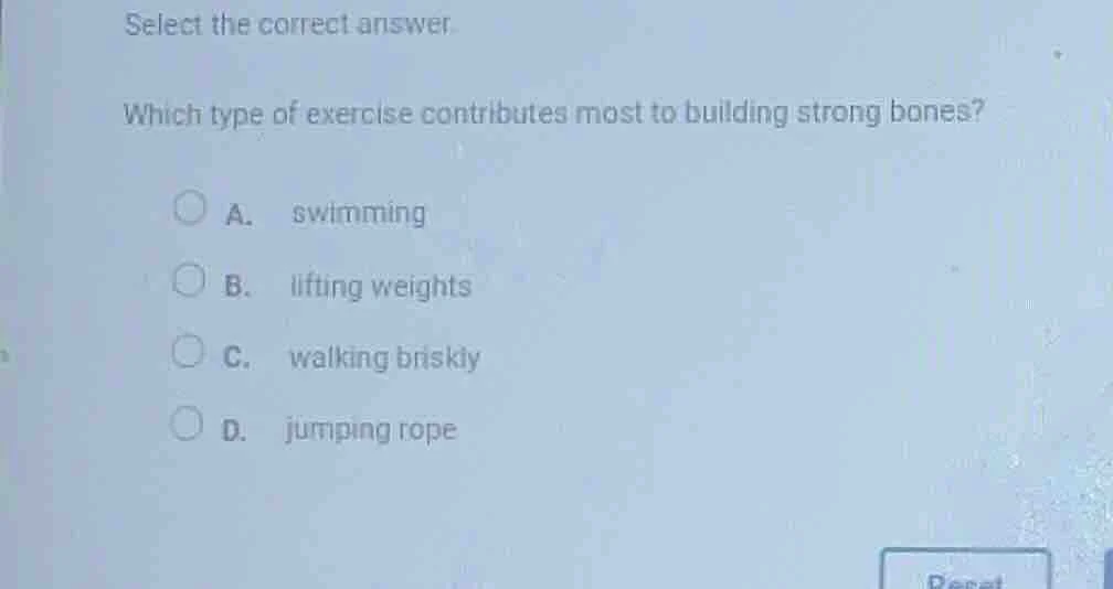 select the correct answer. which type of exercise contributes most to b…
