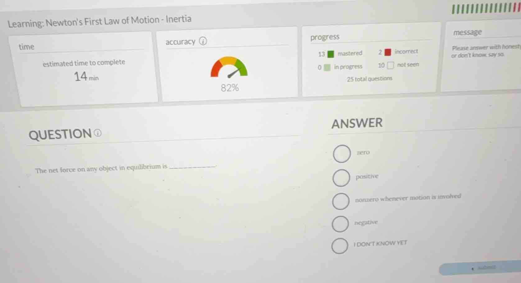 learning: newtons first law of motion - inertia question the net force …