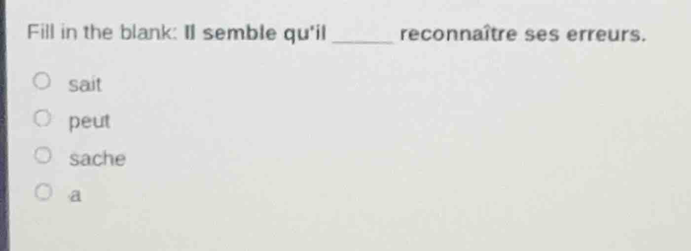 fill in the blank: il semble quil ____ reconnaître ses erreurs. sait pe…