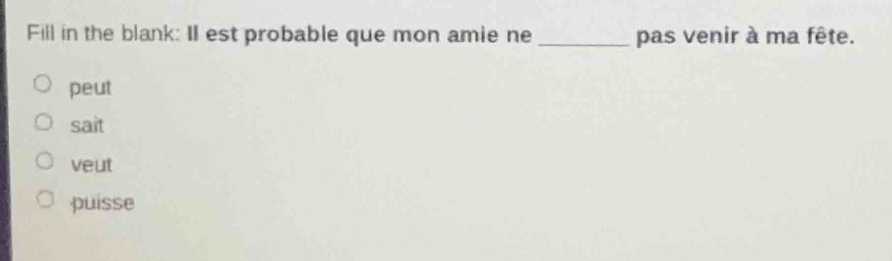 fill in the blank: il est probable que mon amie ne ______ pas venir à m…