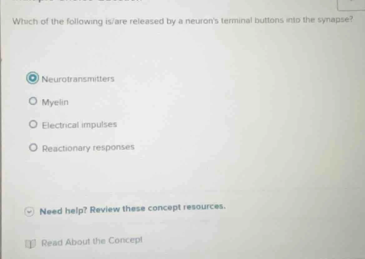 which of the following is/are released by a neurons terminal buttons in…