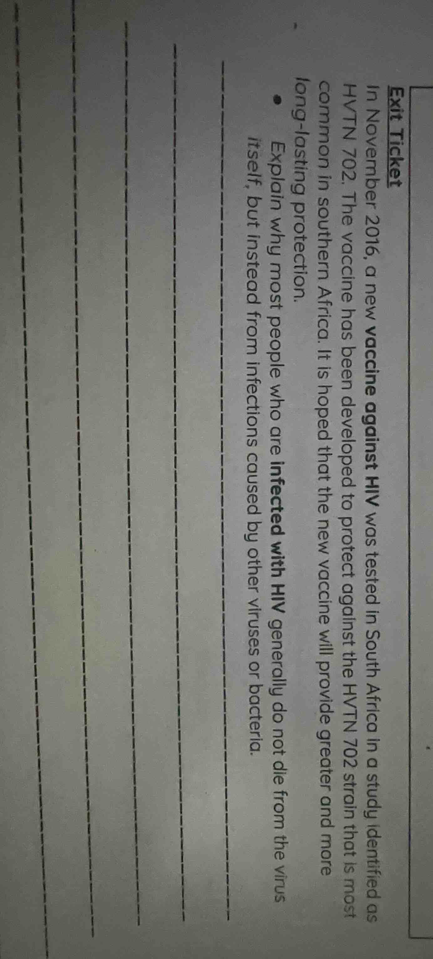exit ticket in november 2016, a new vaccine against hiv was tested in s…
