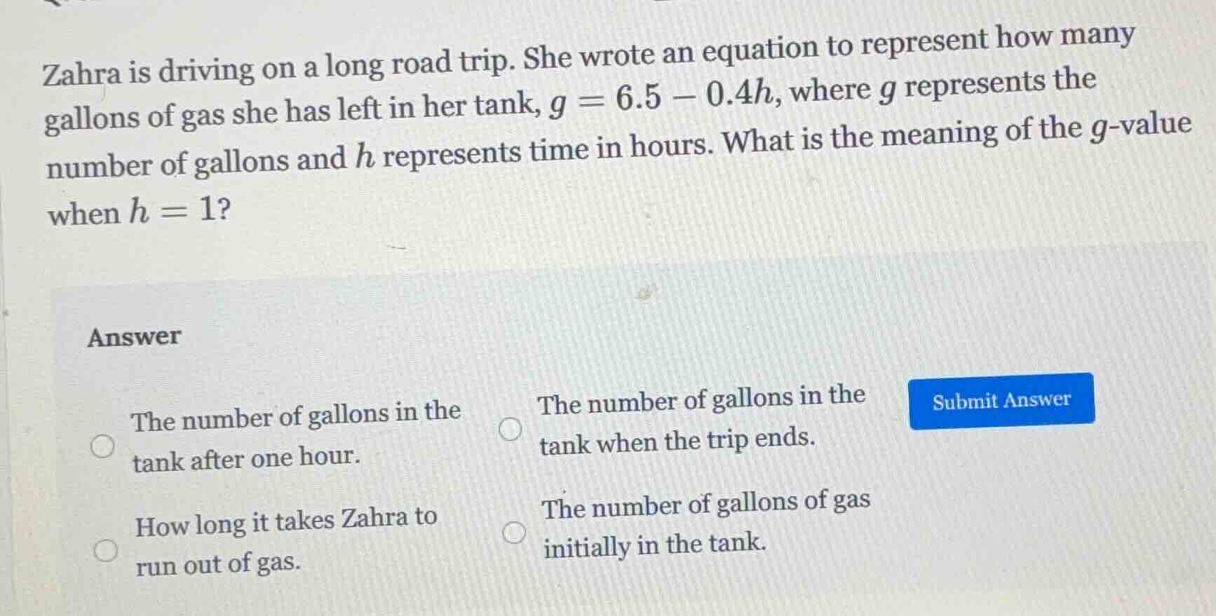 zahra is driving on a long road trip. she wrote an equation to represen…