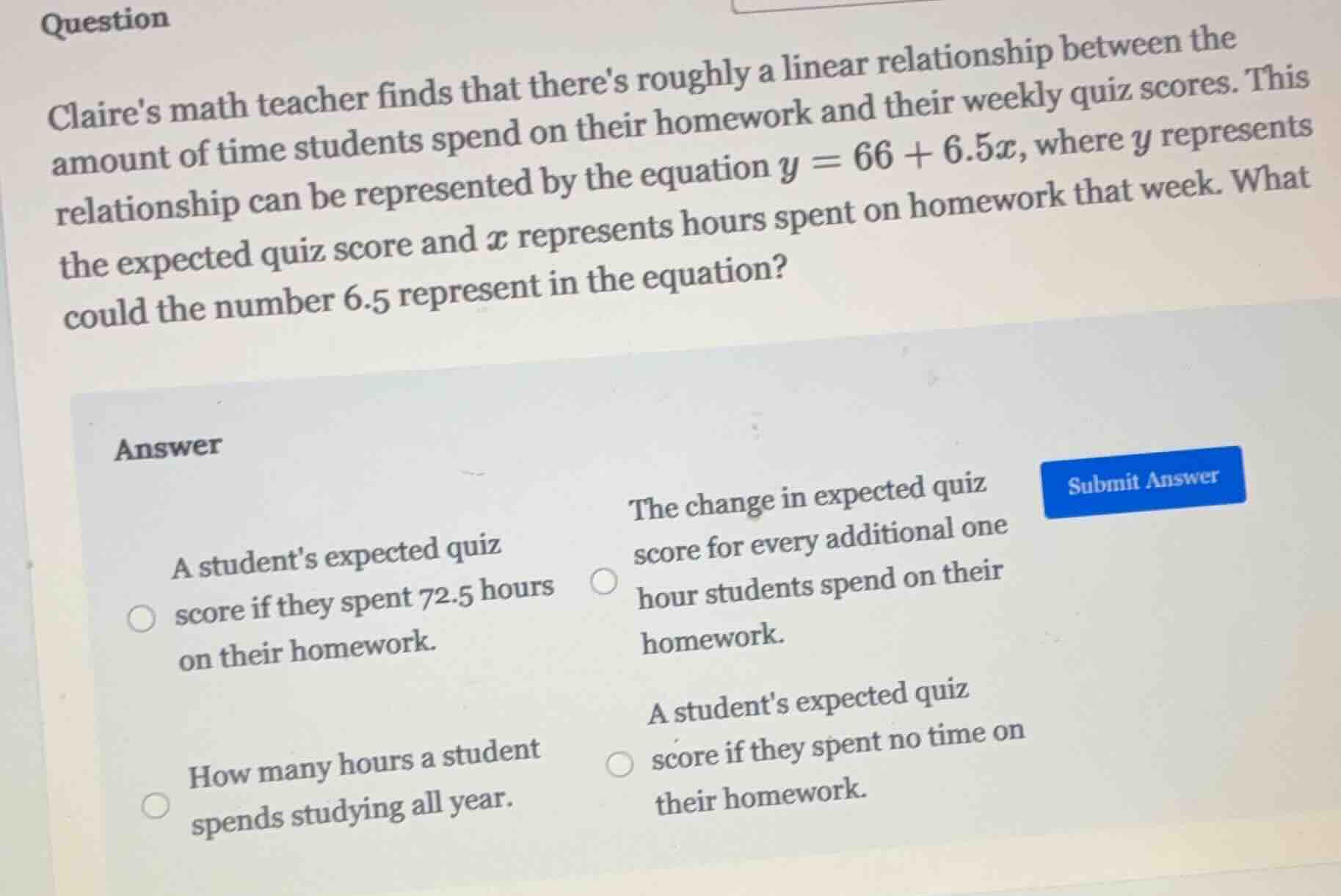 question claires math teacher finds that theres roughly a linear relati…