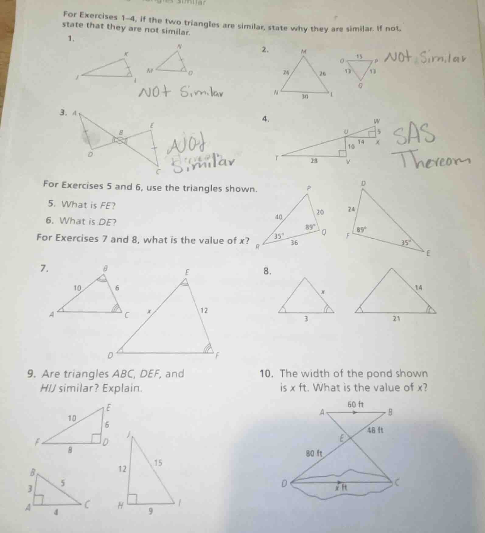 for exercises 1–4, if the two triangles are similar, state why they are…