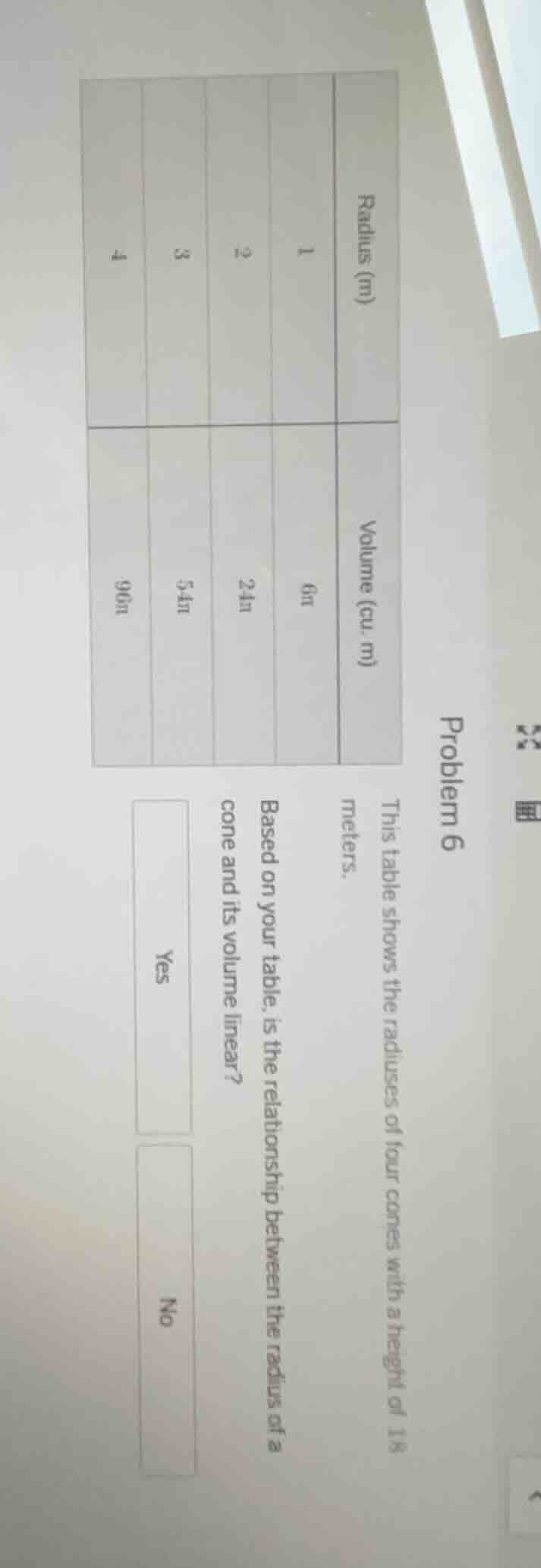 problem 6 this table shows the radiuses of four cones with a height of …