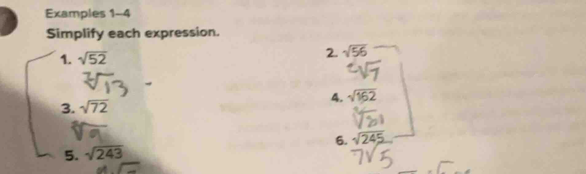 examples 1–4 simplify each expression. 1. \\(\\sqrt{52}\\) 2. \\(\\sqrt…