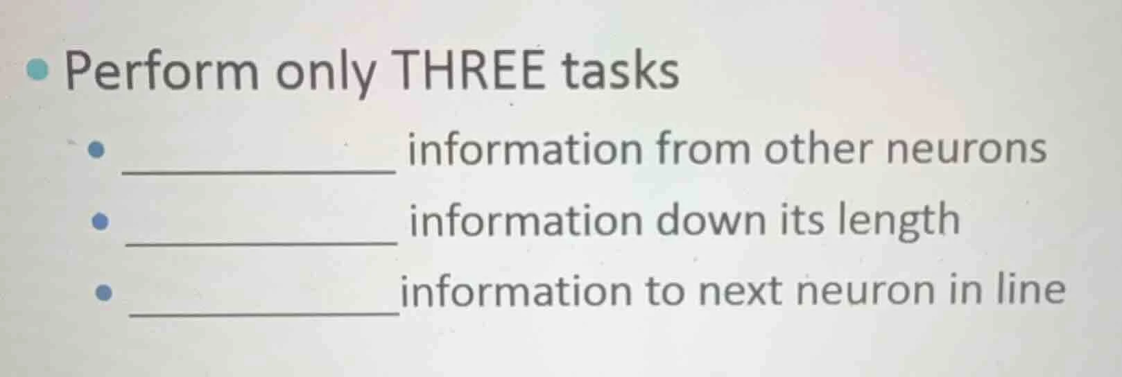 perform only three tasks ______ information from other neurons ______ i…