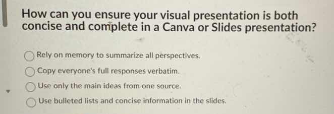 how can you ensure your visual presentation is both concise and complet…