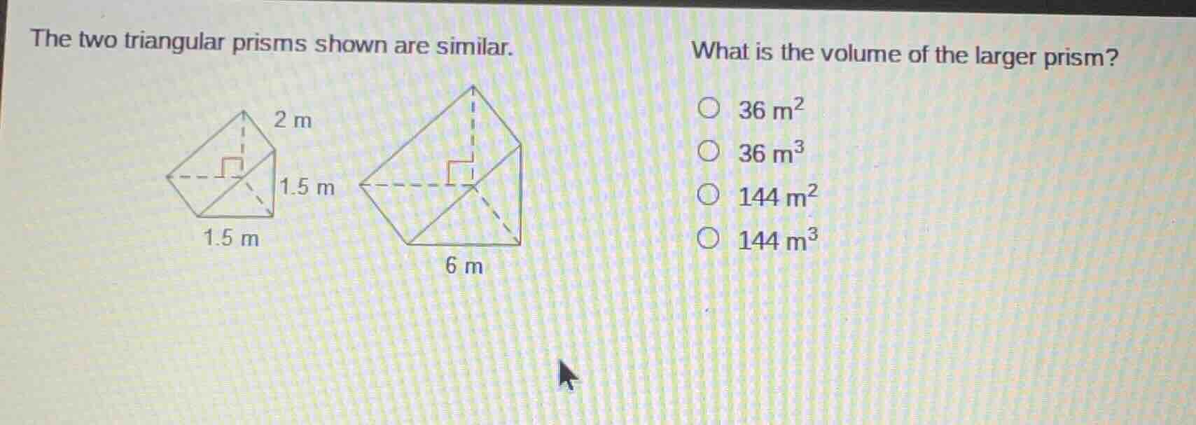 the two triangular prisms shown are similar. what is the volume of the …