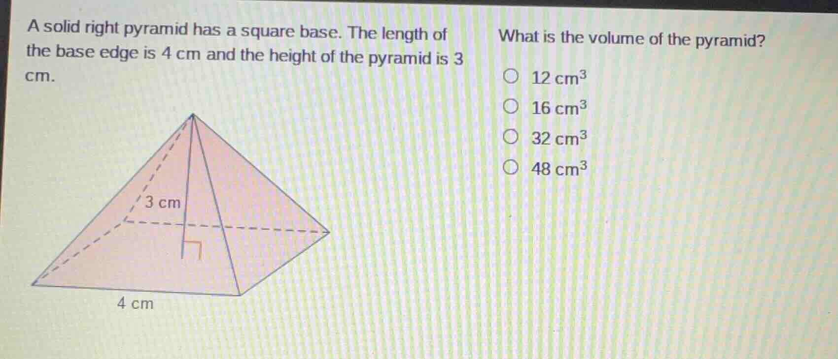 a solid right pyramid has a square base. the length of the base edge is…