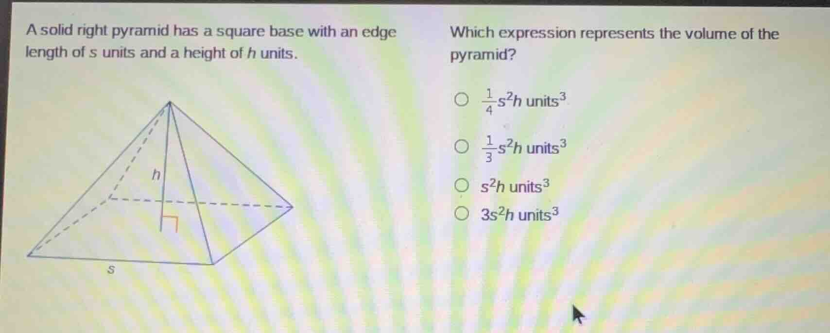 a solid right pyramid has a square base with an edge length of s units …
