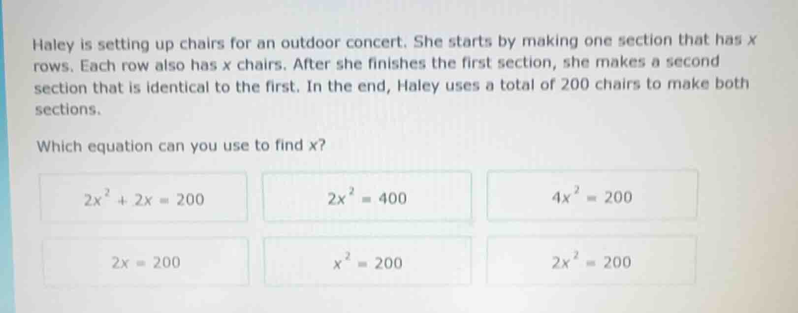 haley is setting up chairs for an outdoor concert. she starts by making…