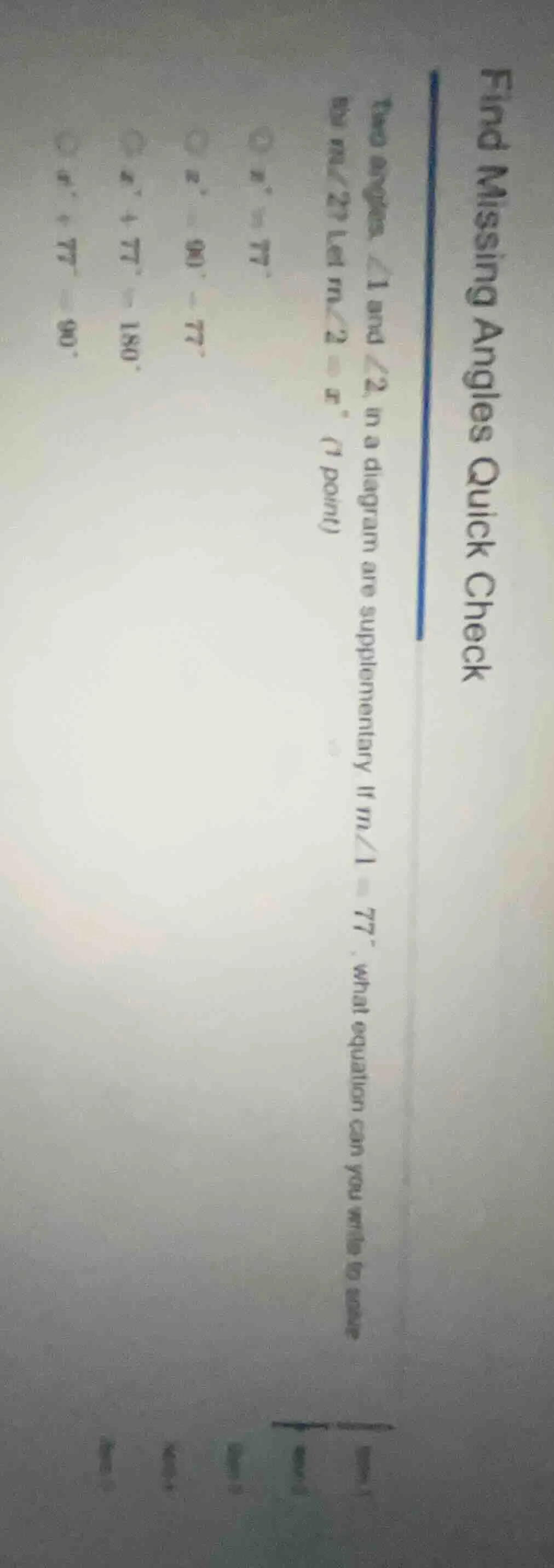 find missing angles quick check two angles ∠1 and ∠2 in a diagram are s…