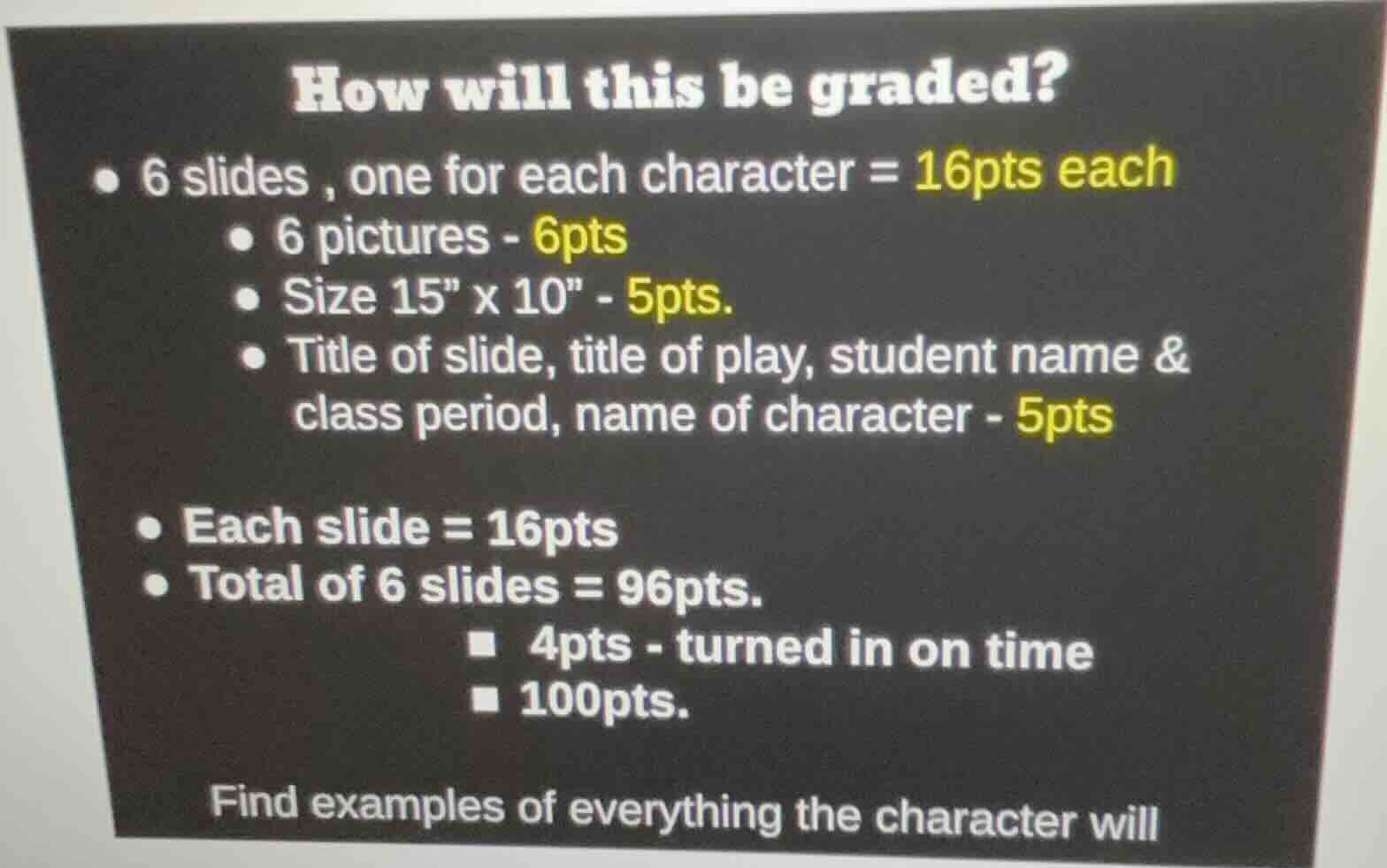 how will this be graded? - 6 slides, one for each character = 16pts eac…