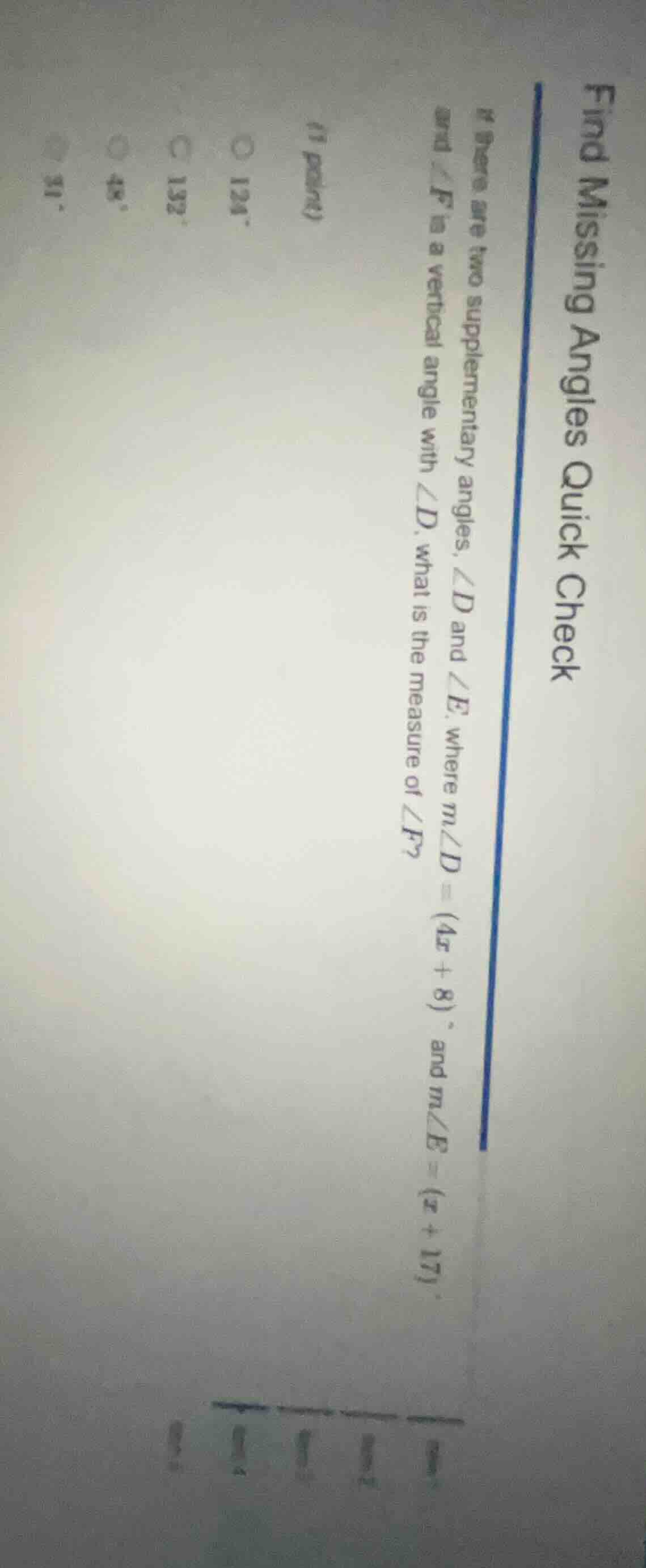 find missing angles quick check (1 point) there are two supplementary a…