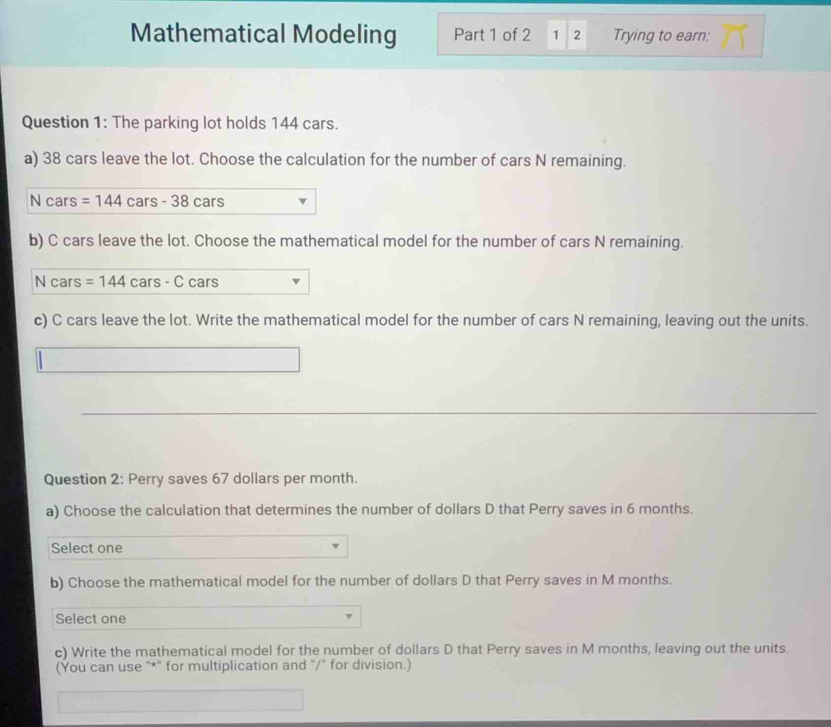 mathematical modeling part 1 of 2 1 2 trying to earn: question 1: the p…