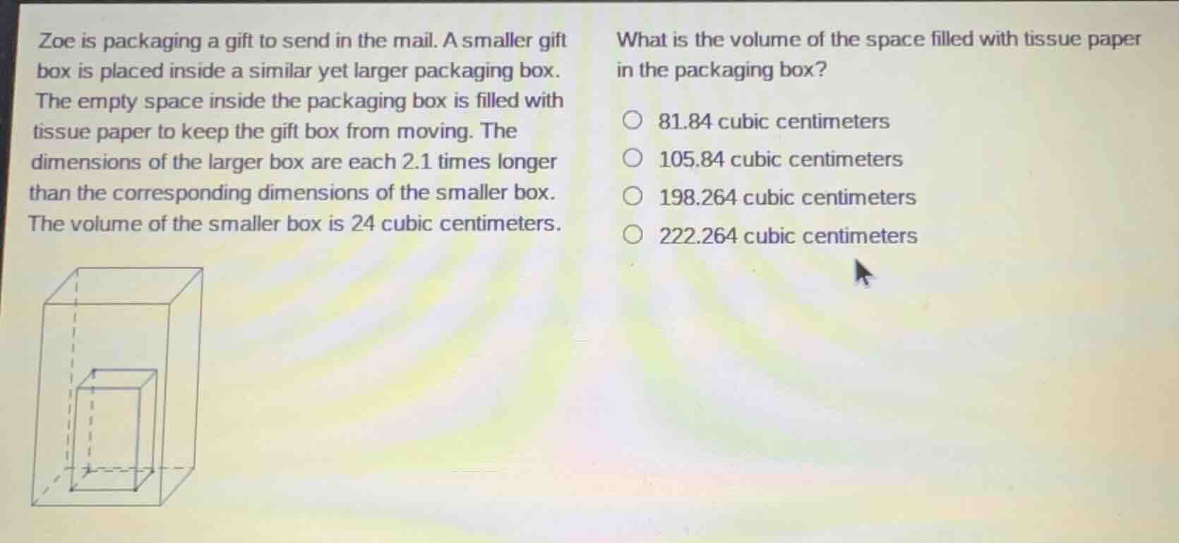 zoe is packaging a gift to send in the mail. a smaller gift box is plac…