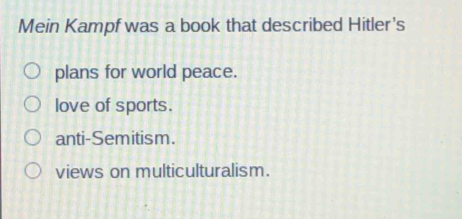 mein kampf was a book that described hitlers plans for world peace. lov…