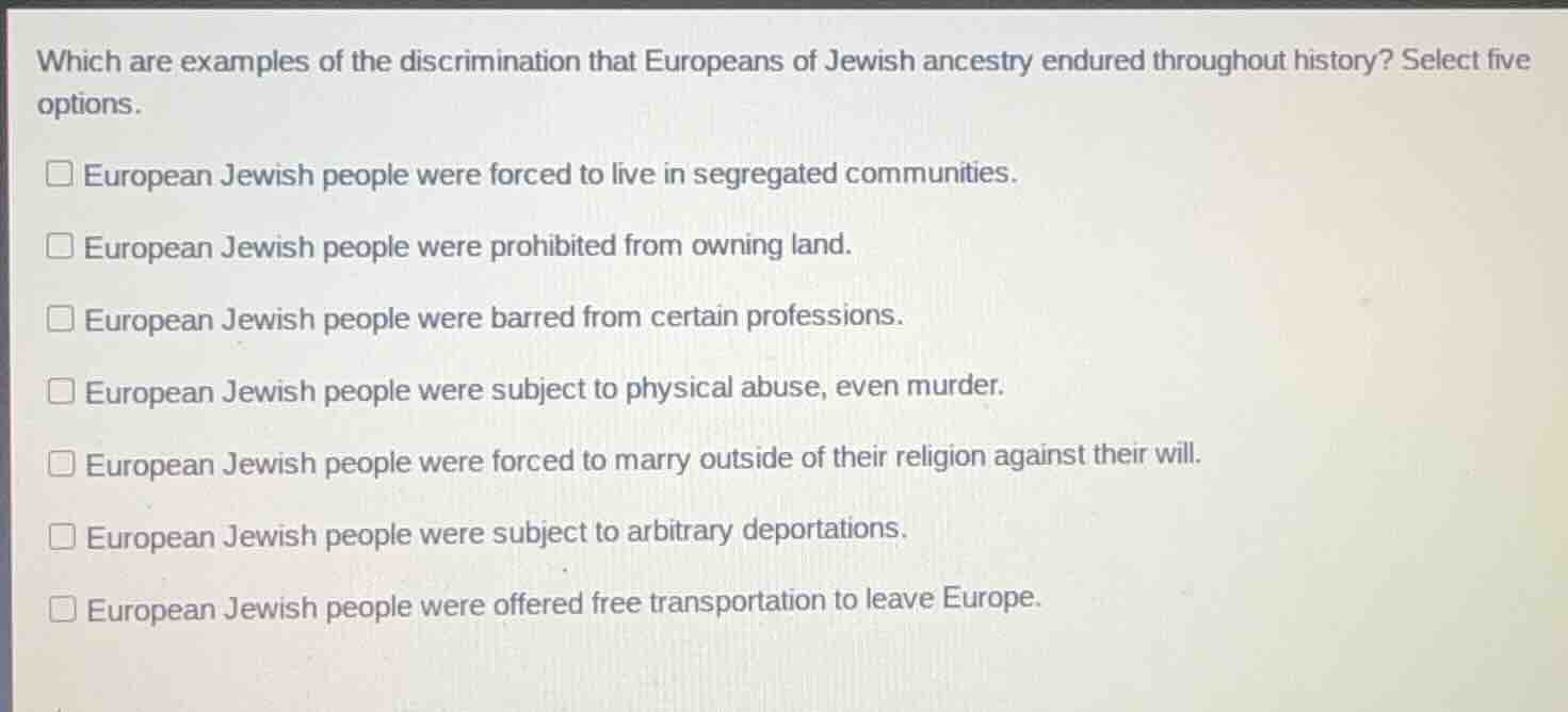 which are examples of the discrimination that europeans of jewish ances…