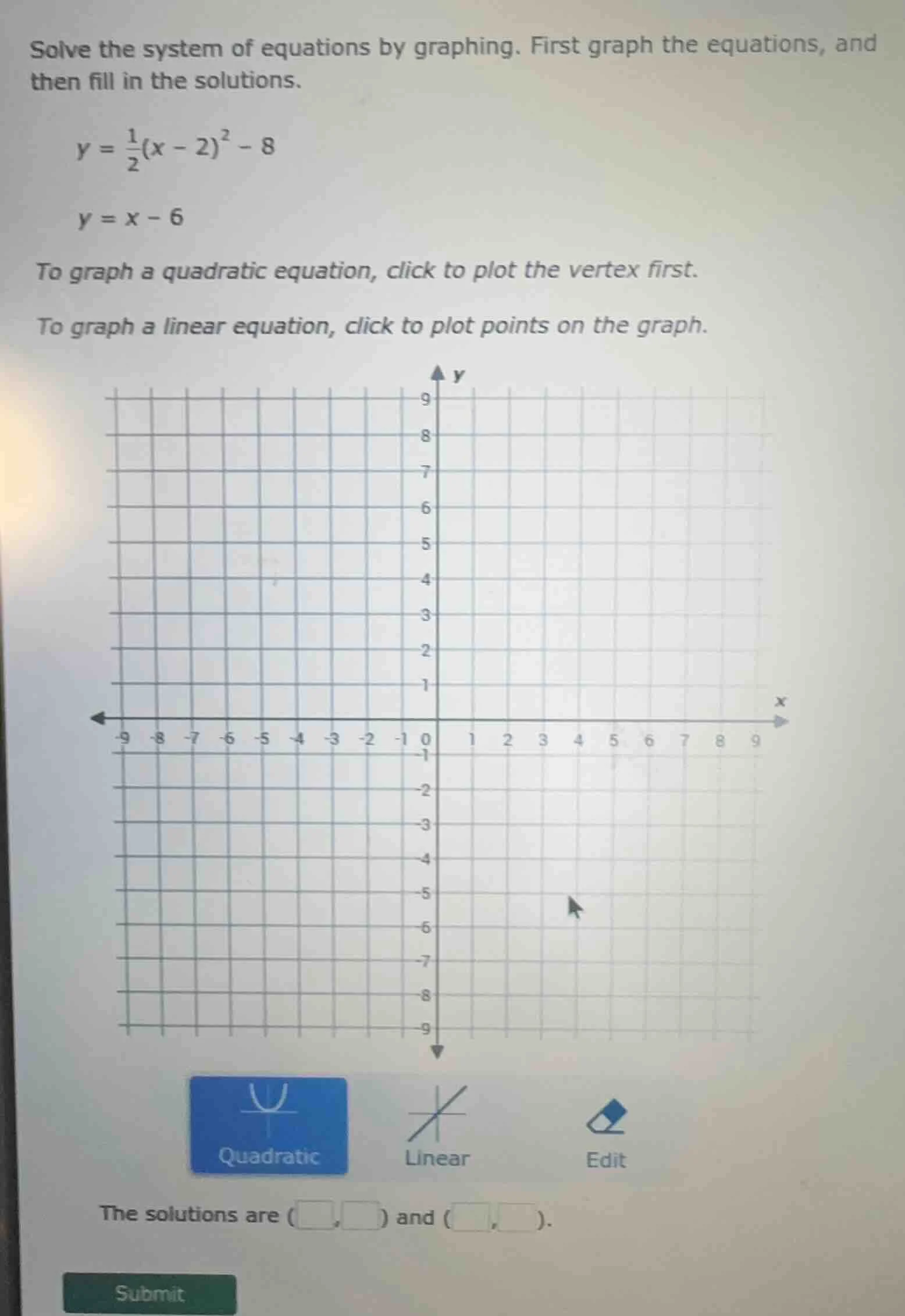 solve the system of equations by graphing. first graph the equations, a…