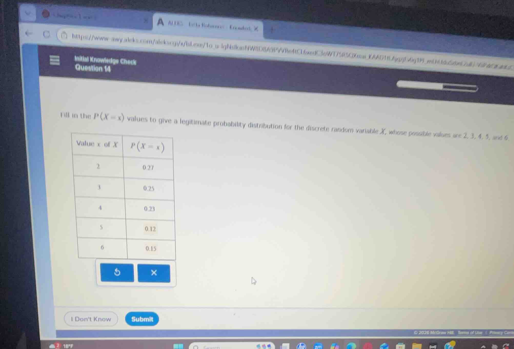 initial knowledge check question 14 fill in the $p(x = x)$ values to gi…