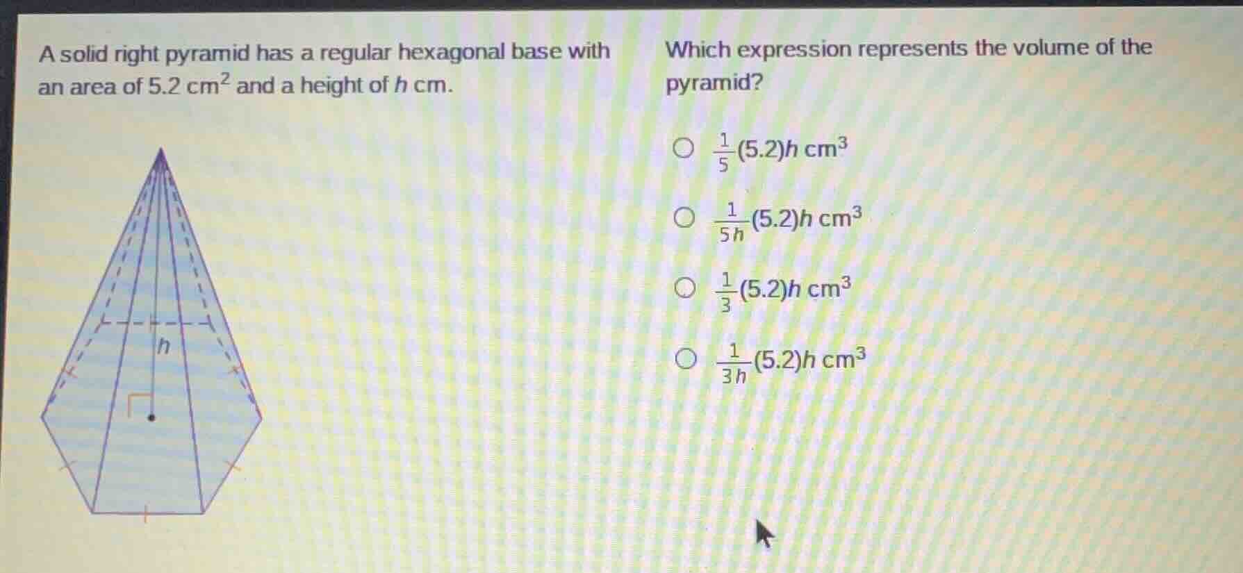 a solid right pyramid has a regular hexagonal base with an area of 5.2 …